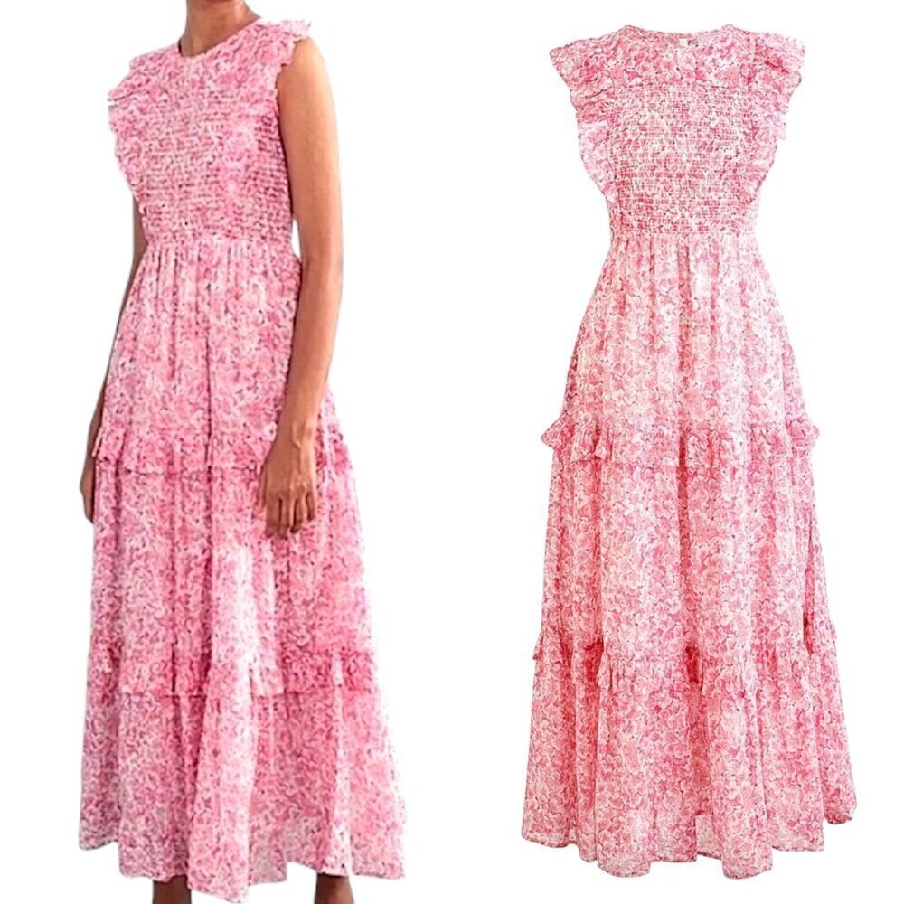 Banjanan, Women’s ‘Iris’ Floral Smocked Tiered Maxi Dress - ‘Pink Meadow’ Medium